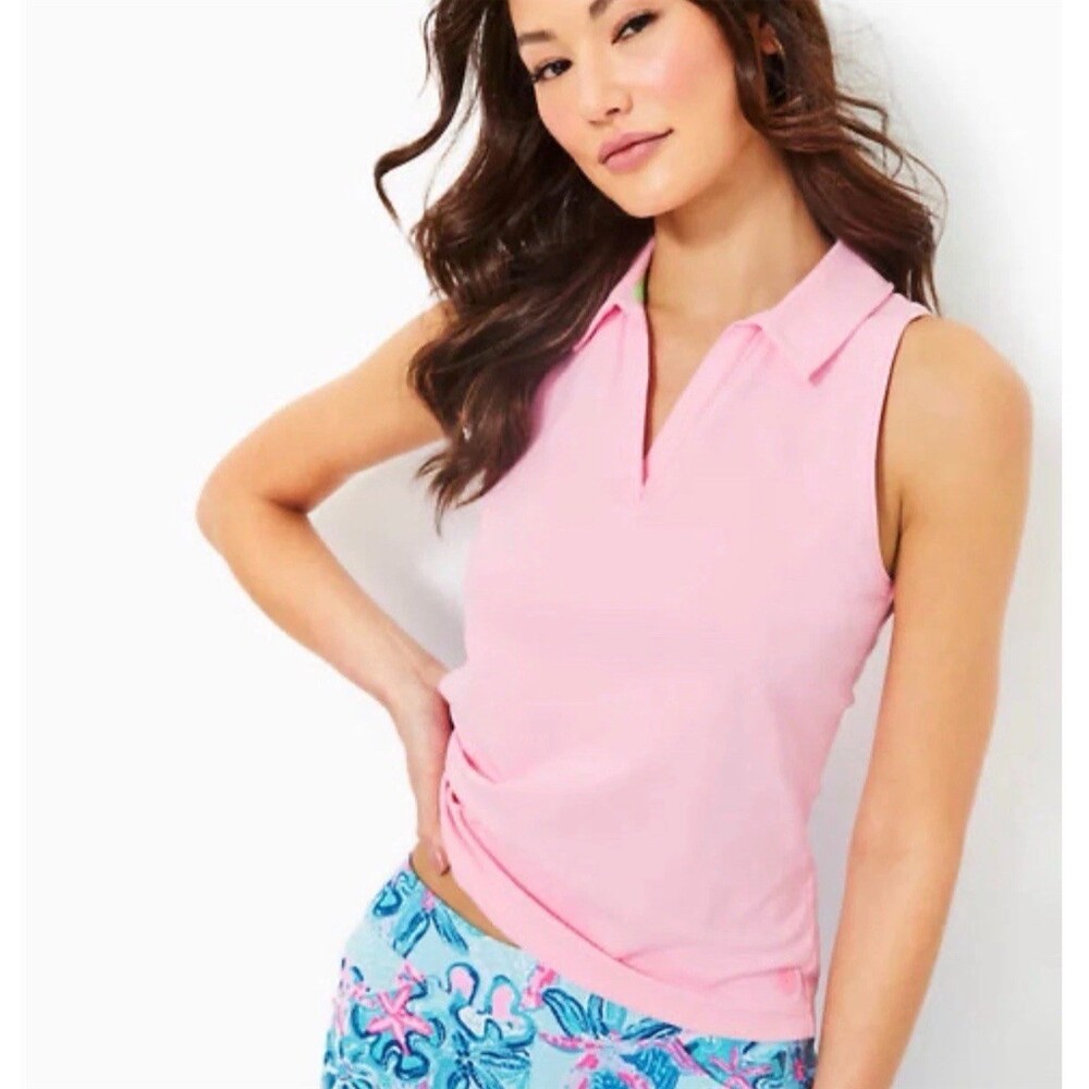 Lilly Pulitzer Luxletic Alister Sleeveless Polo Top UPF 50+ Pink XL NWT $108